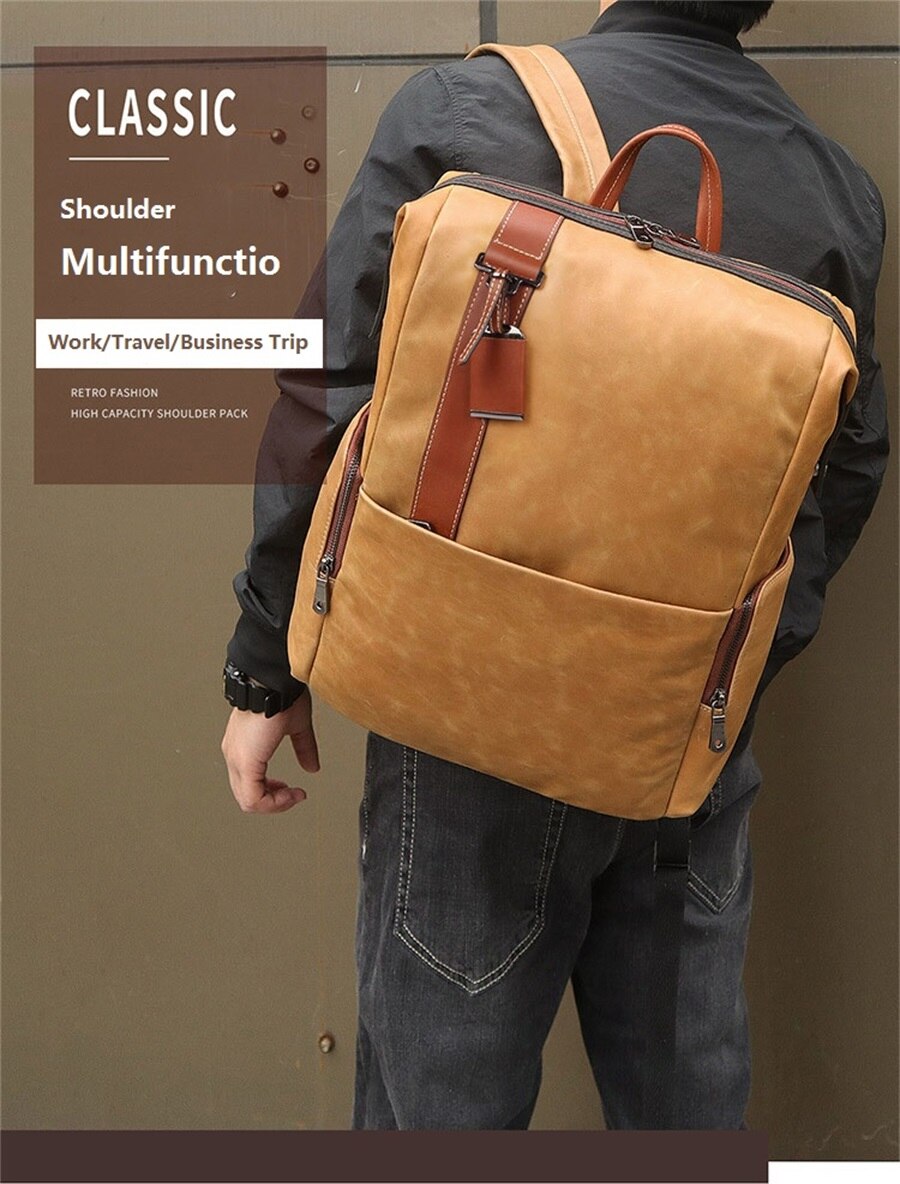 Leather Men Casual 17-Inch Laptop Backpack Travel Backpack Waterproof Men Top Quality Retro Genuine Cowhide First Layer Knapsack