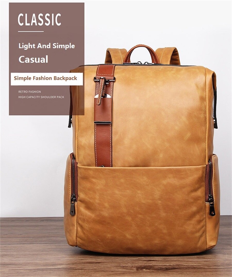 Leather Men Casual 17-Inch Laptop Backpack Travel Backpack Waterproof Men Top Quality Retro Genuine Cowhide First Layer Knapsack
