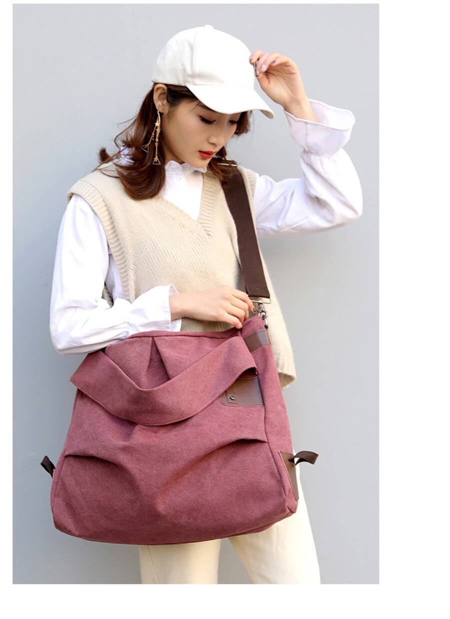 Fashion Leisure Ladies Canvas Handbag Solid Color Woman Crossbody Bag Pleated Soft Breathable Short-Distance Shopping Travel Bag