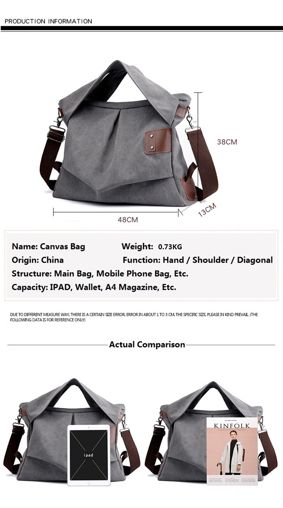 Fashion Leisure Ladies Canvas Handbag Solid Color Woman Crossbody Bag Pleated Soft Breathable Short-Distance Shopping Travel Bag