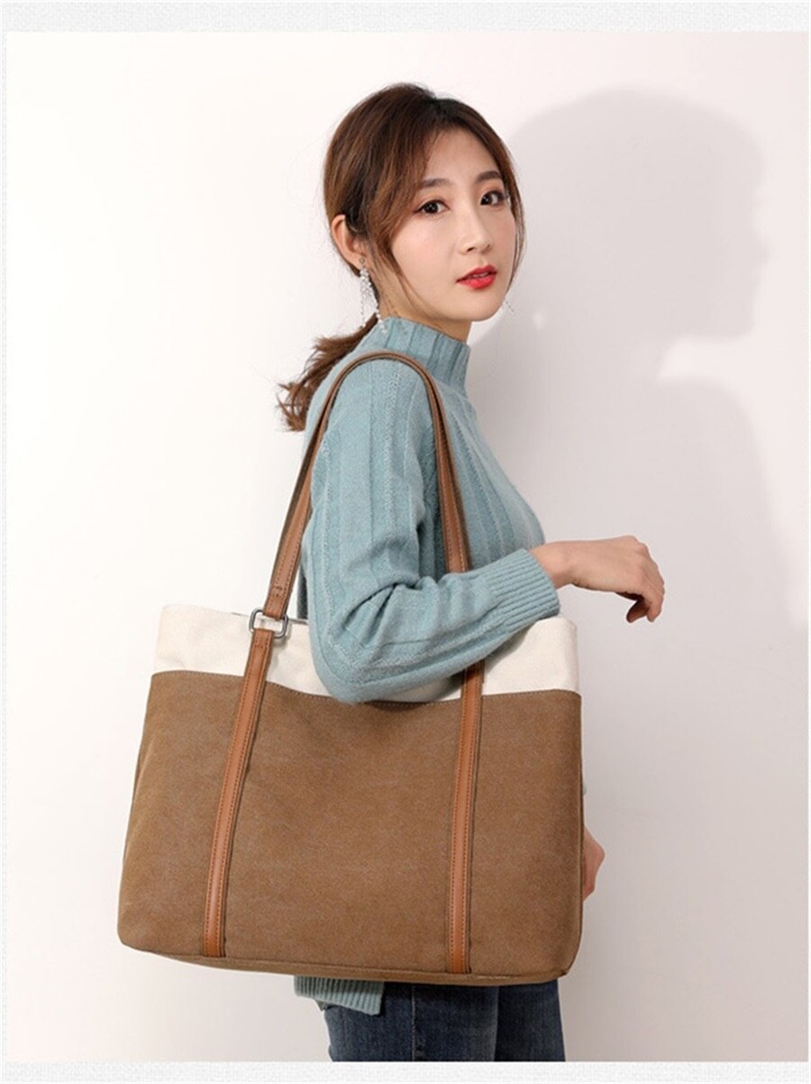New Retro Canvas Bag Large Capacity One Shoulder Handbag Europe And The United States Contrast Color Fashion Art Canvas Tote Bag