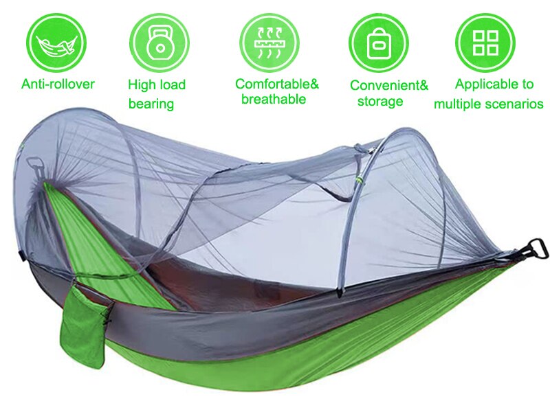Camping Hammock with Mosquito Netting Pop-up Portable Hammock Ultralight Nylon Parachute Hammocks with Tree Straps for Camping