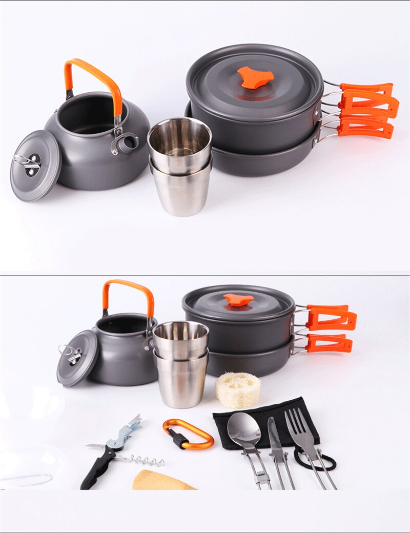 2-3 Persons Camping Utensils Dishes Cookware Set Picnic Tableware Outdoor Mug Cookware with Tableware Kit Travel Tableware Pots