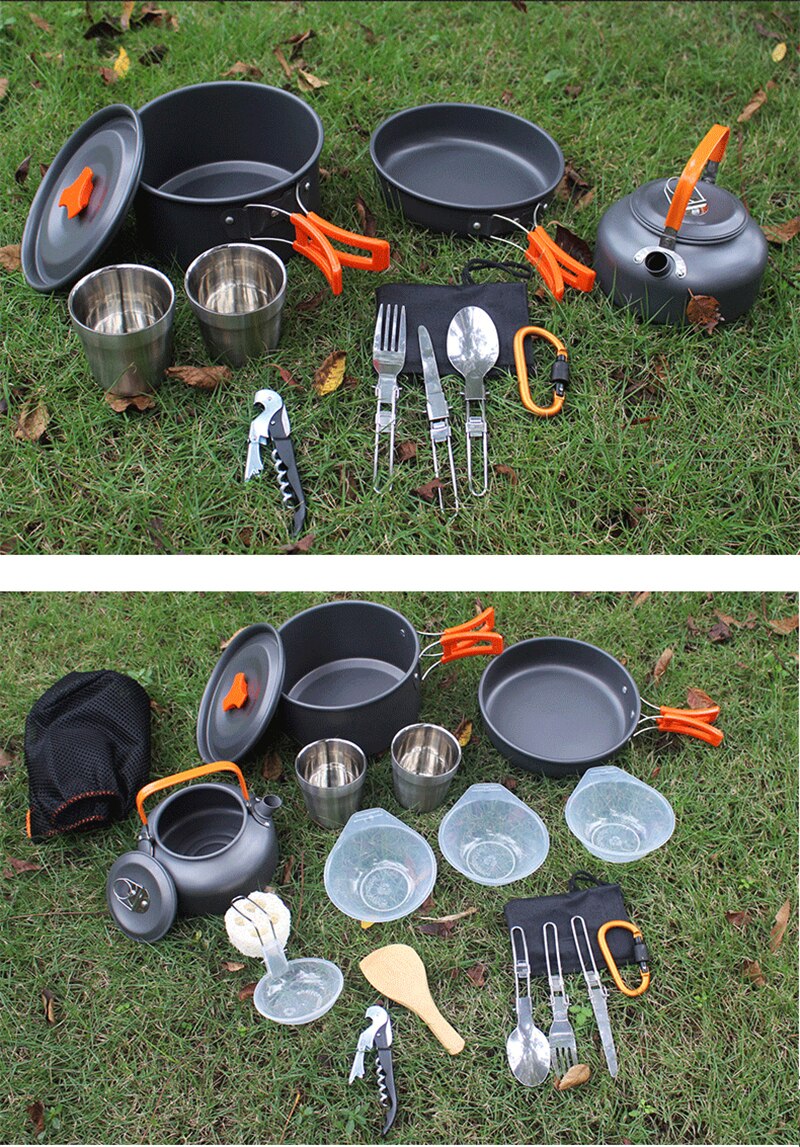 2-3 Persons Camping Utensils Dishes Cookware Set Picnic Tableware Outdoor Mug Cookware with Tableware Kit Travel Tableware Pots