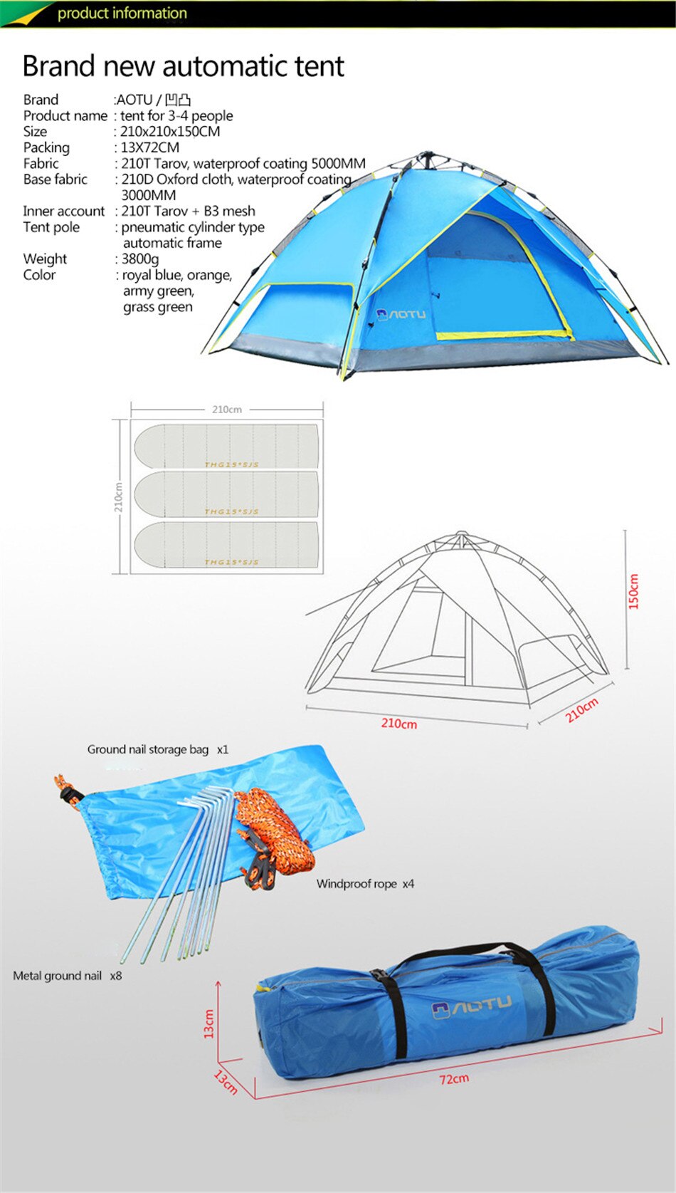 Outdoor Camping Multifunctional Automatic Quick-Opening Tent Waterproof And Windproof Tent With Mosquito Net Household 3-4P Tent