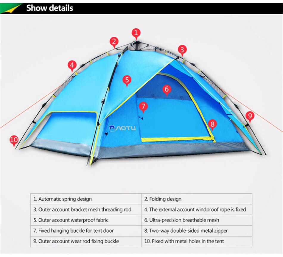 Outdoor Camping Multifunctional Automatic Quick-Opening Tent Waterproof And Windproof Tent With Mosquito Net Household 3-4P Tent