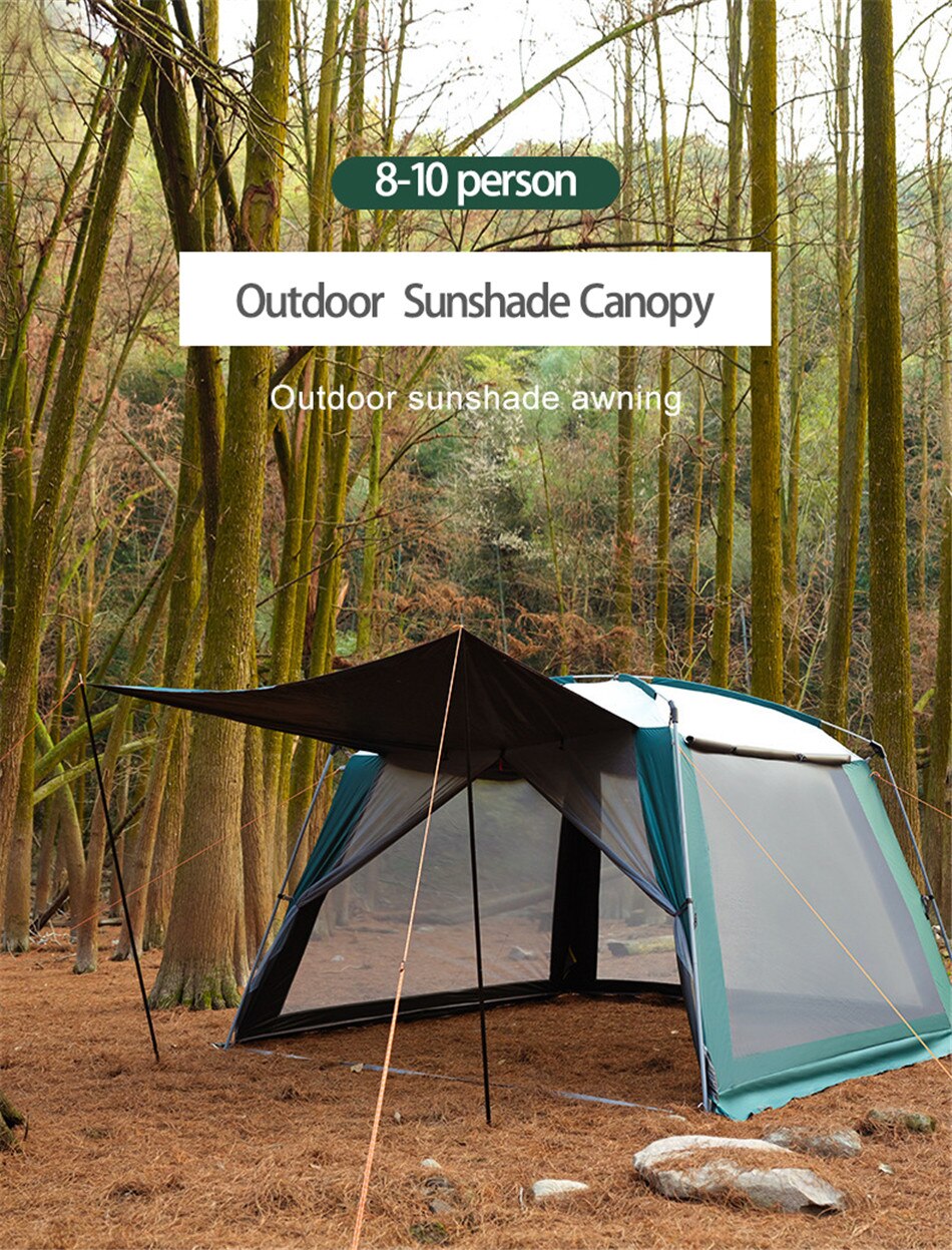 Outdoor Canopy Awning 5-8 Person Black Coating Awning Plus Rainproof And Sunscreen Mesh Breathable Large Canopy Tent