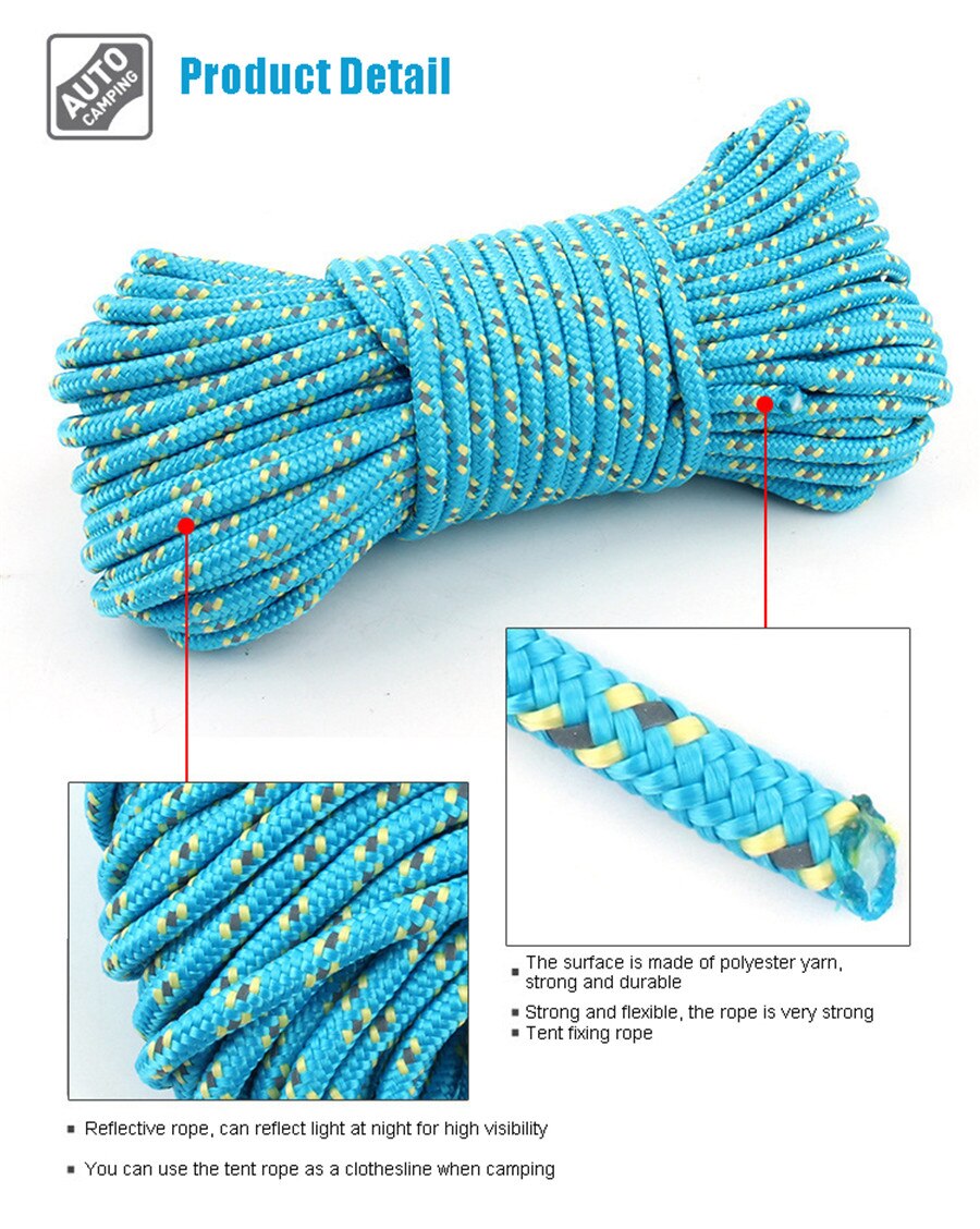 5MM Tent Reflective Rope Polyester Luminous Tent Rope Camping Cord Outdoor Sports Camping Hiking Tent Accessories 10m/20m/50m