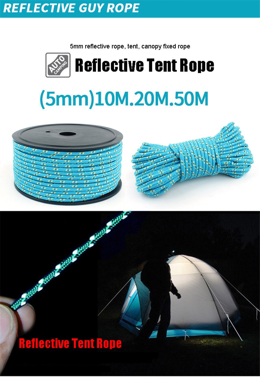 5MM Tent Reflective Rope Polyester Luminous Tent Rope Camping Cord Outdoor Sports Camping Hiking Tent Accessories 10m/20m/50m
