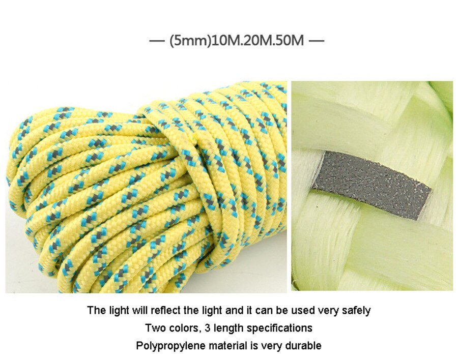 5MM Tent Reflective Rope Polyester Luminous Tent Rope Camping Cord Outdoor Sports Camping Hiking Tent Accessories 10m/20m/50m