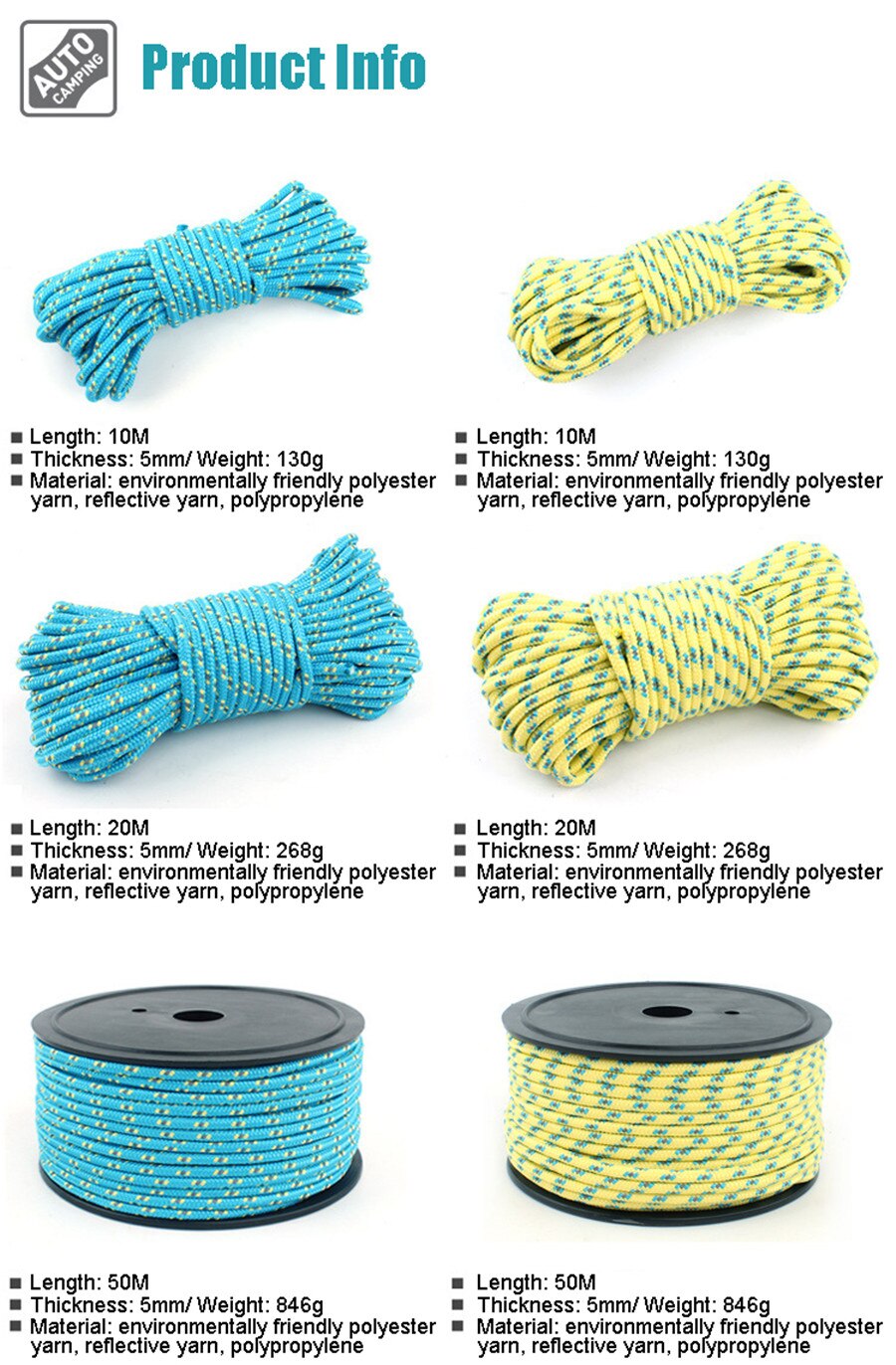 5MM Tent Reflective Rope Polyester Luminous Tent Rope Camping Cord Outdoor Sports Camping Hiking Tent Accessories 10m/20m/50m