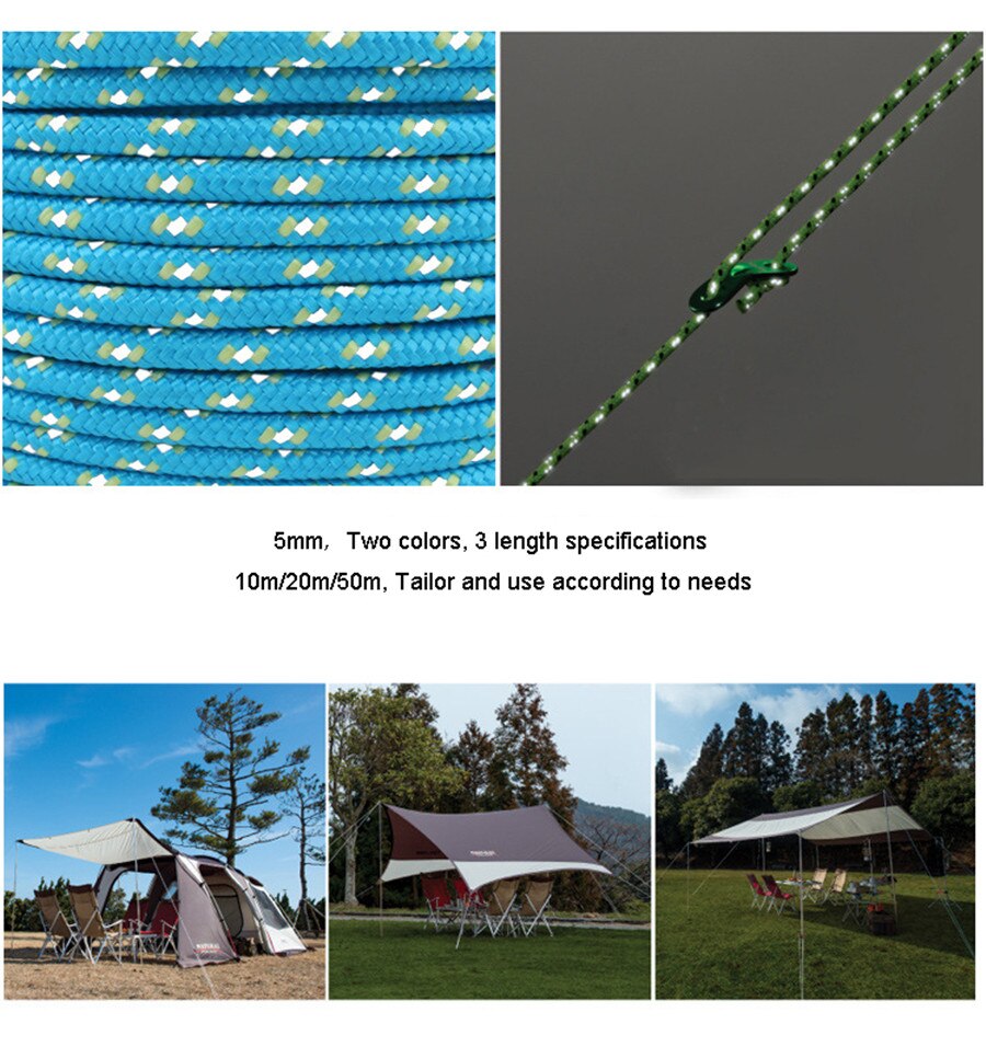 5MM Tent Reflective Rope Polyester Luminous Tent Rope Camping Cord Outdoor Sports Camping Hiking Tent Accessories 10m/20m/50m