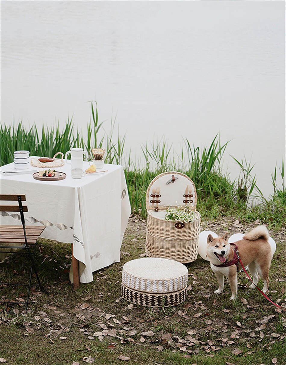 Rattan Trolley Picnic Basket Natural Wicker Weaving Lunch Baskets Wheels Family Outing Trip Picnic Bento Storage High Capacity