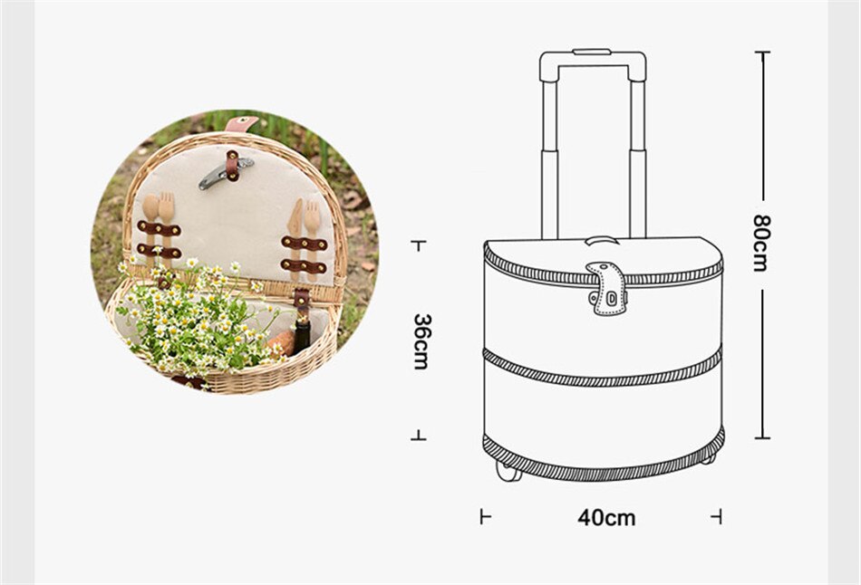 Rattan Trolley Picnic Basket Natural Wicker Weaving Lunch Baskets Wheels Family Outing Trip Picnic Bento Storage High Capacity