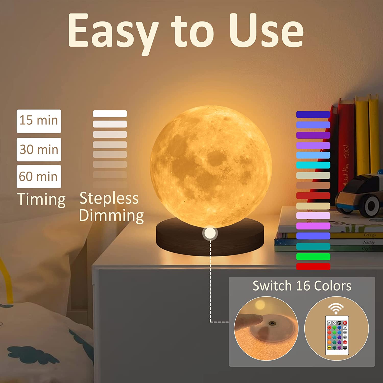 16 Colors Creative 3D Led Moon Night Lamp 360&deg; Rotating Lunar Night Light for Home Office Room Touch Control Desktop Moon Lamp