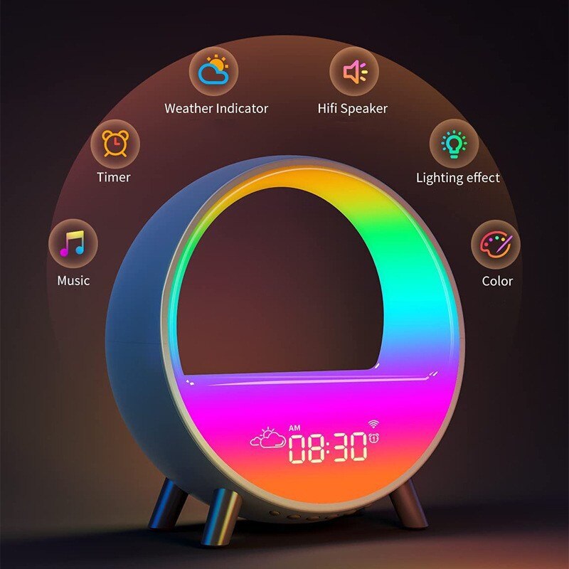 15W Smart Wifi Sunrise Alarm Clock Night Light Wireless Charging Wake up Light with Bluetooth Speaker Voice Control Room Decor