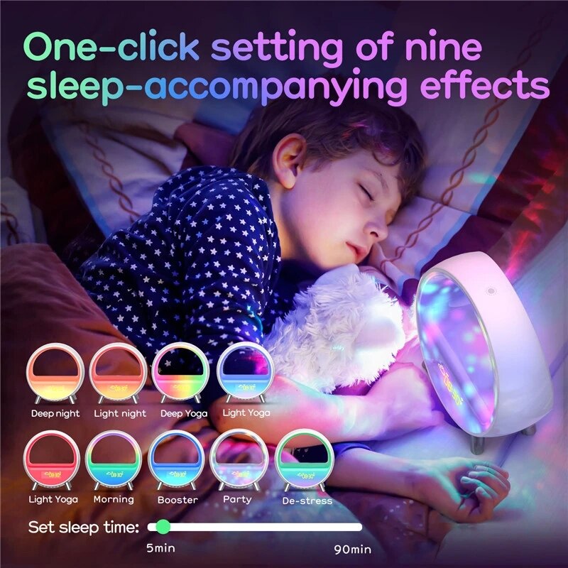15W Smart Wifi Sunrise Alarm Clock Night Light Wireless Charging Wake up Light with Bluetooth Speaker Voice Control Room Decor