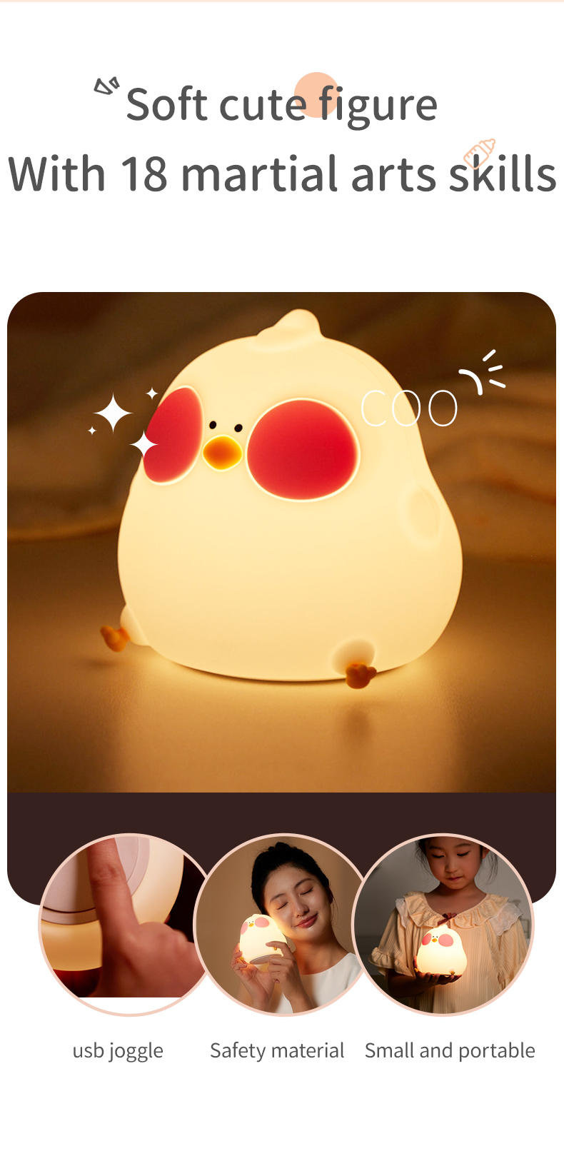New Cartoon Chick Night Light Cute Baby Children's Nightlights Bedroom Kids Touch Sensor LED Silicone Lamp Gift USB Rechargeable