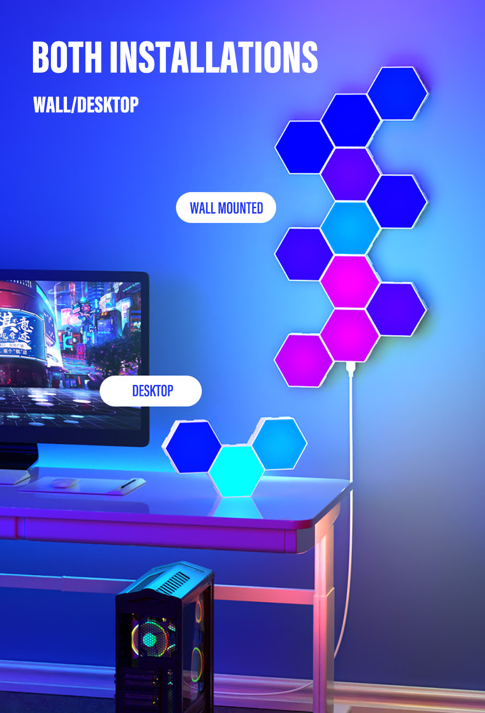 RGB LED Hexagon Light Indoor Wall Light Bluetooth APP Remote Control Night Light Computer Game Room Bedroom Bedside Decoration