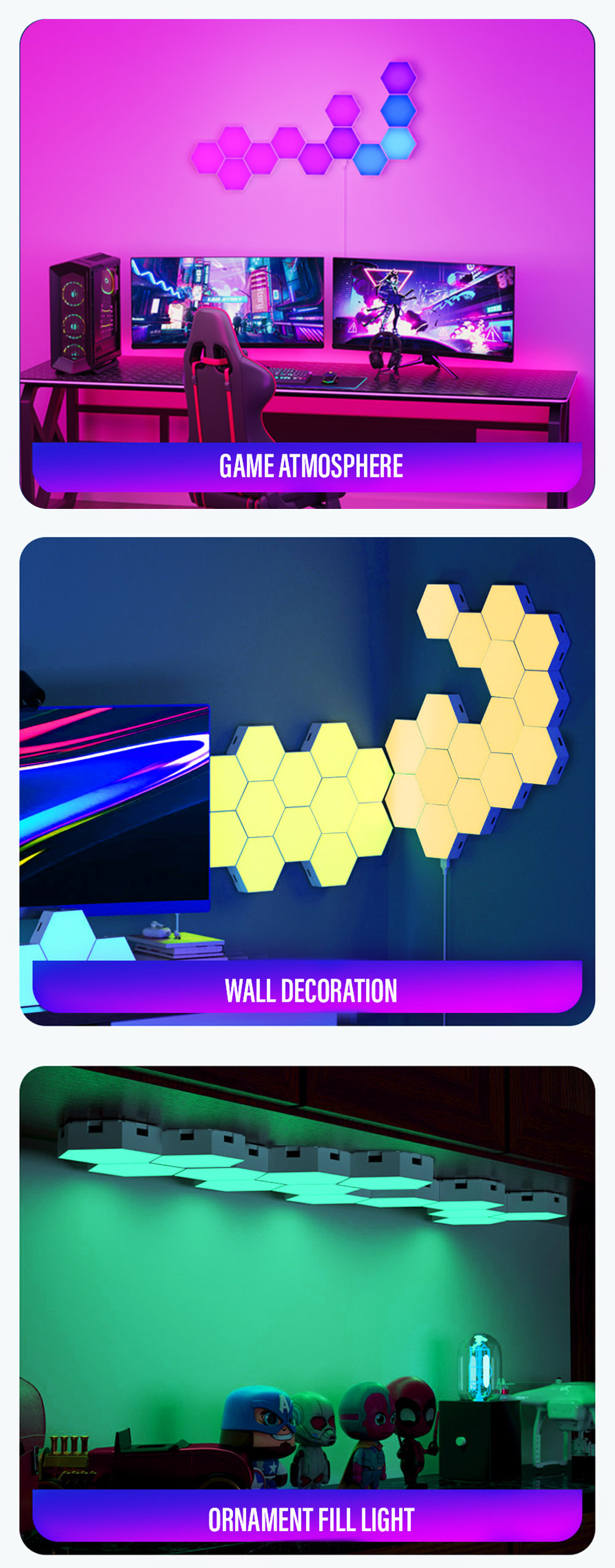 RGB LED Hexagon Light Indoor Wall Light Bluetooth APP Remote Control Night Light Computer Game Room Bedroom Bedside Decoration
