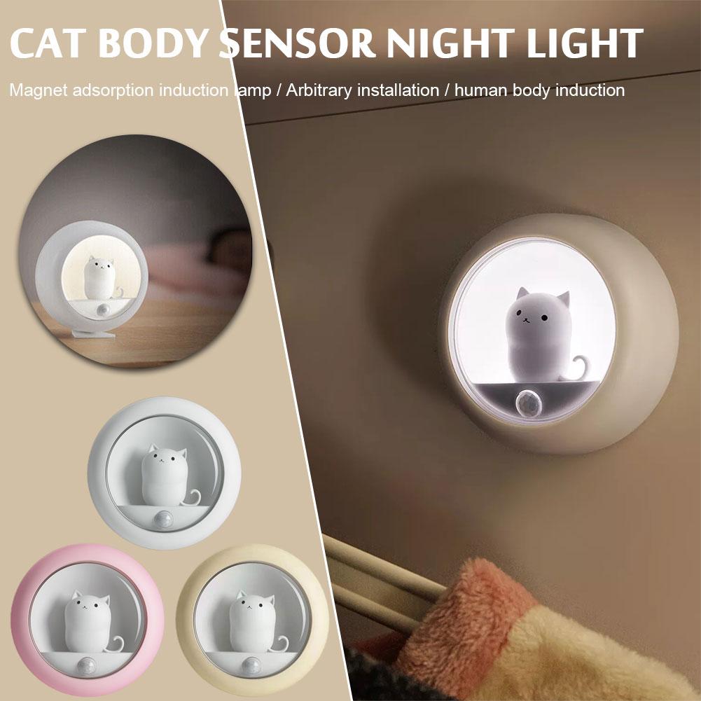Cute Cat Motion Sensor LED Night Lights USB Rechargeable Wardrobe Cabinet Wall Lamp Bedroom Desktop Infrared Sensor Night Lamp