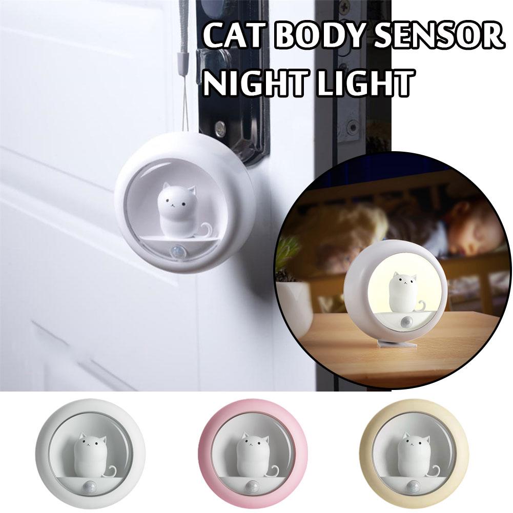 Cute Cat Motion Sensor LED Night Lights USB Rechargeable Wardrobe Cabinet Wall Lamp Bedroom Desktop Infrared Sensor Night Lamp