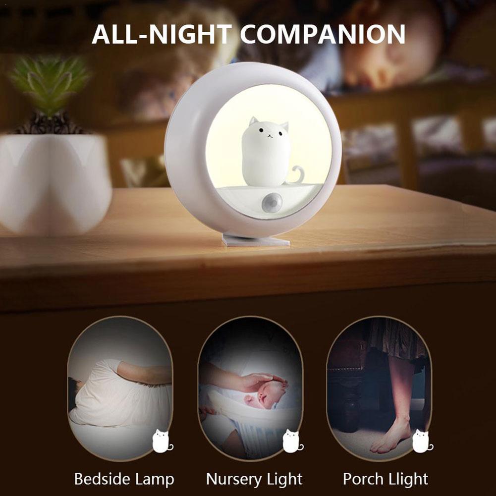 Cute Cat Motion Sensor LED Night Lights USB Rechargeable Wardrobe Cabinet Wall Lamp Bedroom Desktop Infrared Sensor Night Lamp
