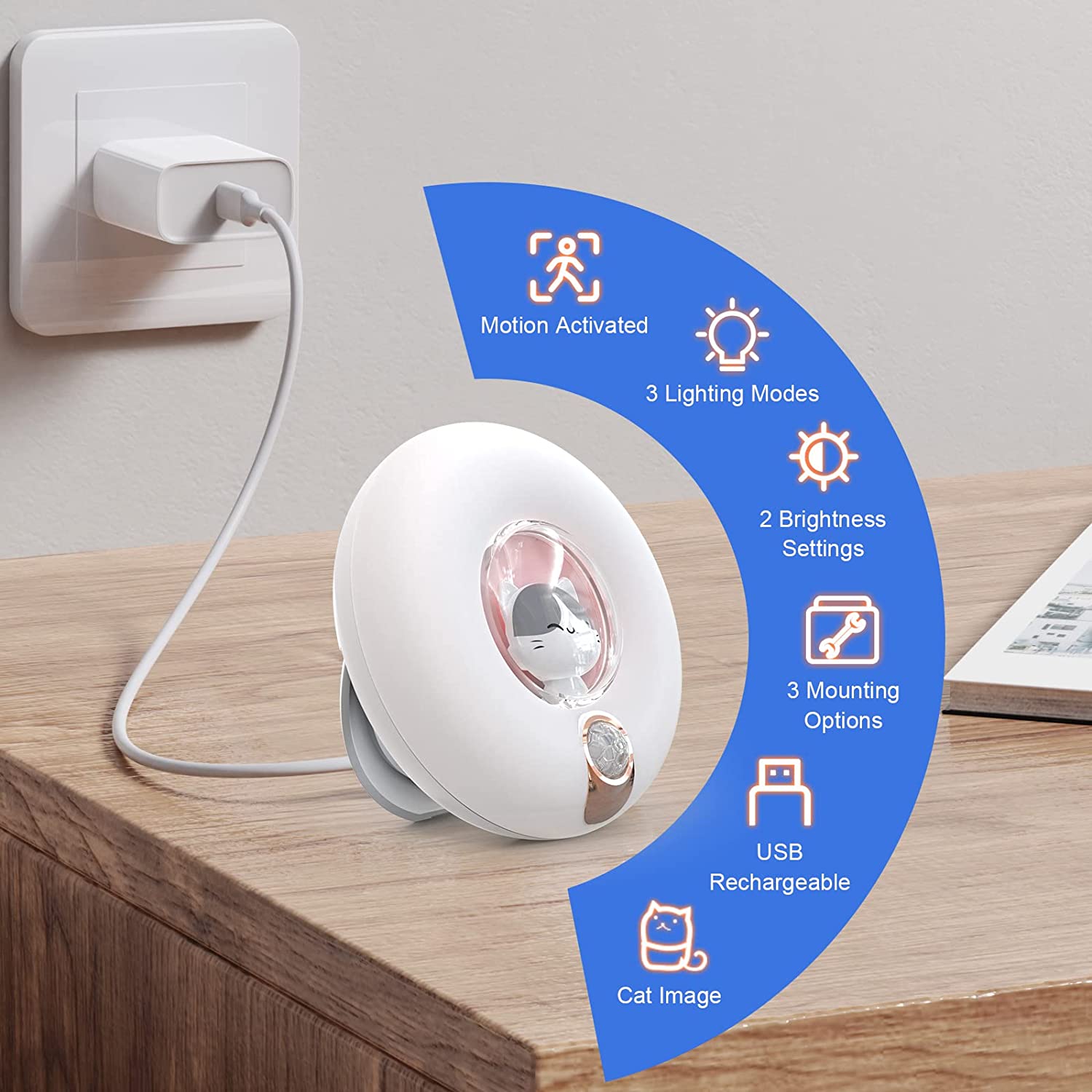 Cute Cat Motion Sensor LED Night Lights USB Rechargeable Wardrobe Cabinet Wall Lamp Bedroom Desktop Infrared Sensor Night Lamp