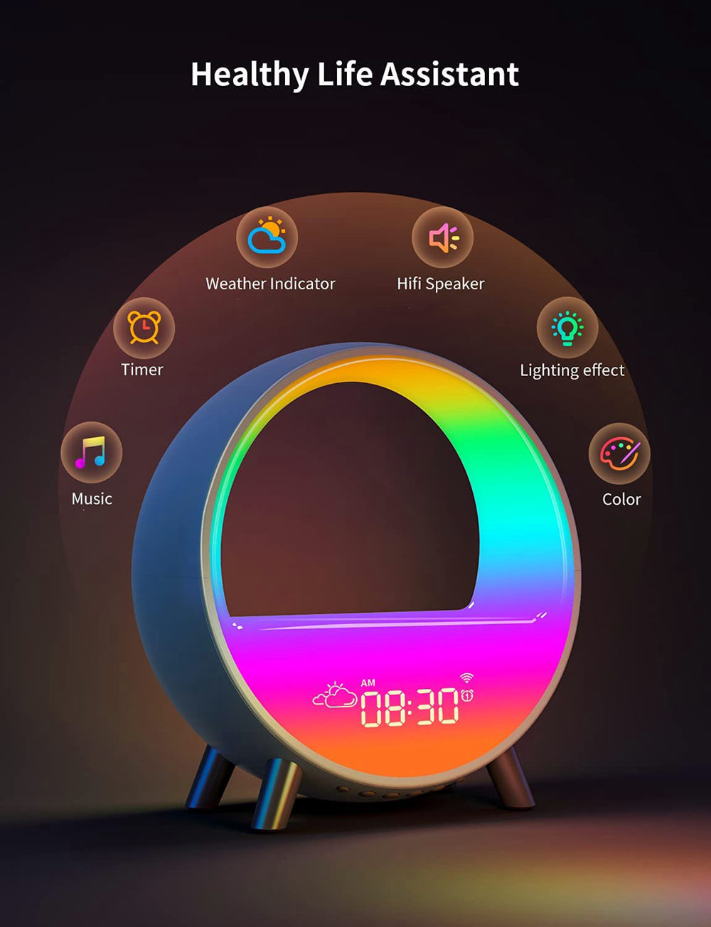 WIFI Smart Wake Up Light with 15W Wireless Charging Sunrise Alarm Clock White Noise Sleep Ambient Table Lamp RGB Work with Alexa