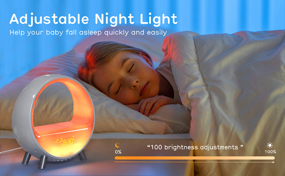 WIFI Smart Wake Up Light with 15W Wireless Charging Sunrise Alarm Clock White Noise Sleep Ambient Table Lamp RGB Work with Alexa