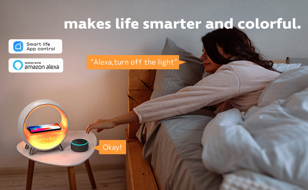 WIFI Smart Wake Up Light with 15W Wireless Charging Sunrise Alarm Clock White Noise Sleep Ambient Table Lamp RGB Work with Alexa