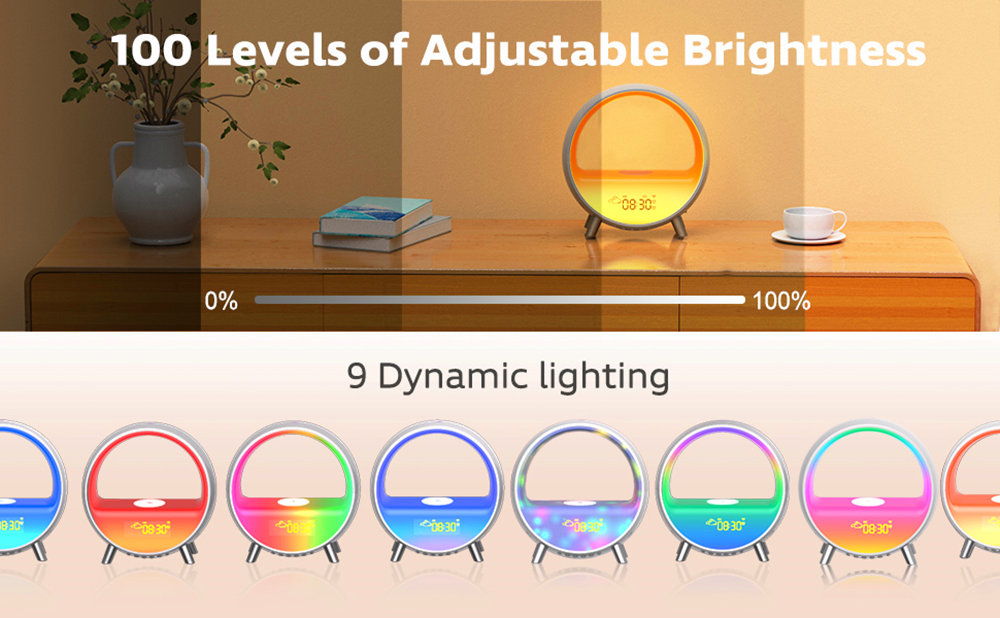 WIFI Smart Wake Up Light with 15W Wireless Charging Sunrise Alarm Clock White Noise Sleep Ambient Table Lamp RGB Work with Alexa