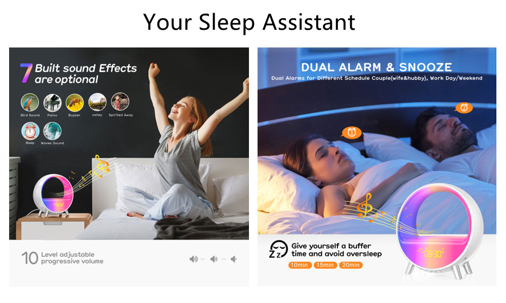 WIFI Smart Wake Up Light with 15W Wireless Charging Sunrise Alarm Clock White Noise Sleep Ambient Table Lamp RGB Work with Alexa