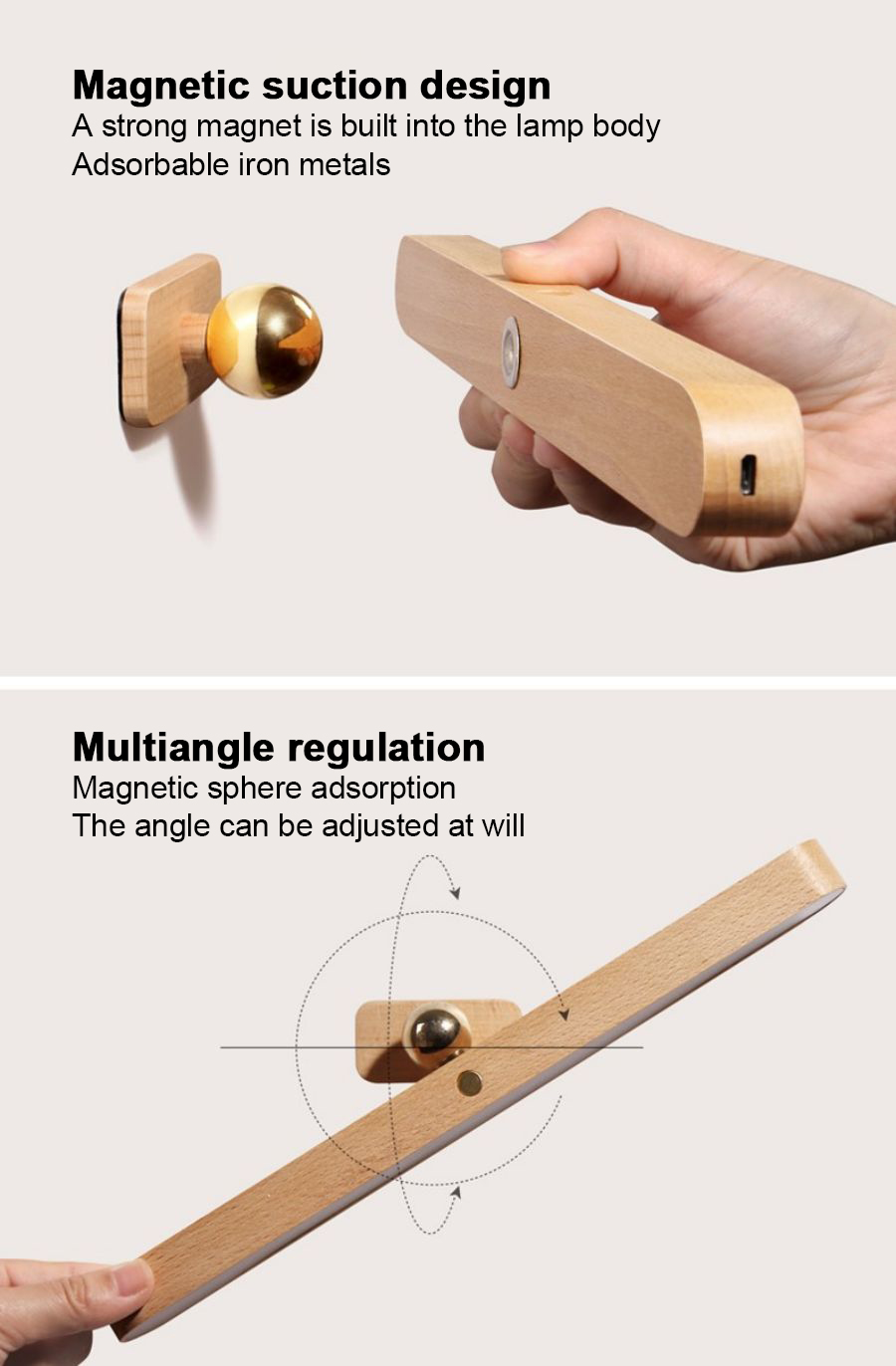 Magnetic Wooden LED Vanity Light 360&deg; Rotatable Mirror Light USB Charging Night Light Touch Wall Light Bedroom Bedside Lamp Home