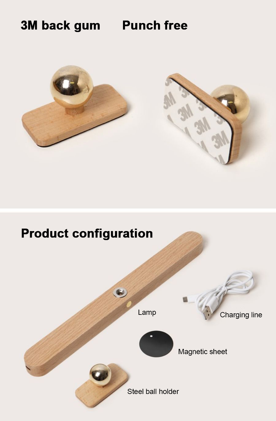 Magnetic Wooden LED Vanity Light 360&deg; Rotatable Mirror Light USB Charging Night Light Touch Wall Light Bedroom Bedside Lamp Home