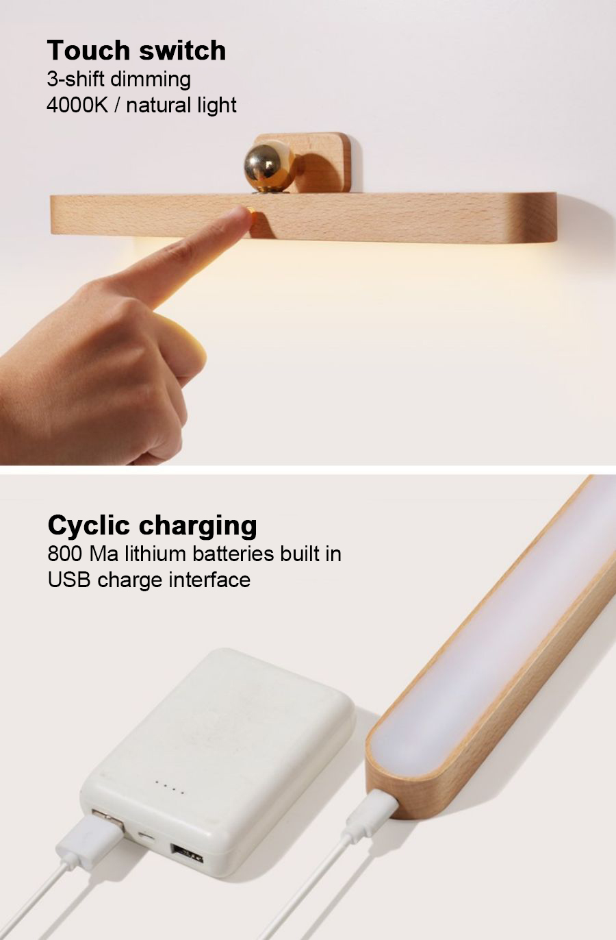 Magnetic Wooden LED Vanity Light 360&deg; Rotatable Mirror Light USB Charging Night Light Touch Wall Light Bedroom Bedside Lamp Home