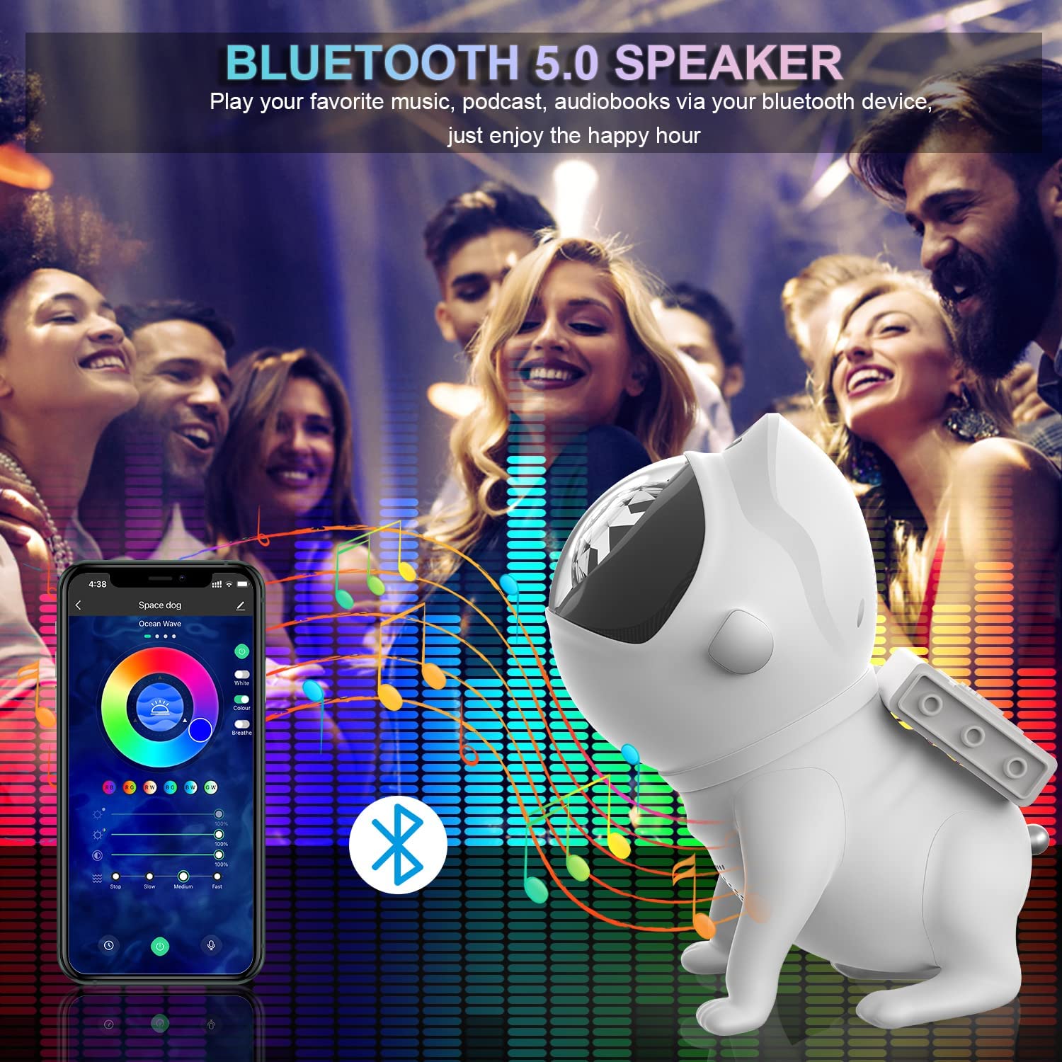 Smart App Space Dog Projector Star Projector Galaxy Night Light LED Starry Sky Nebula Atmosphere Lamp with Bluetooth Speaker