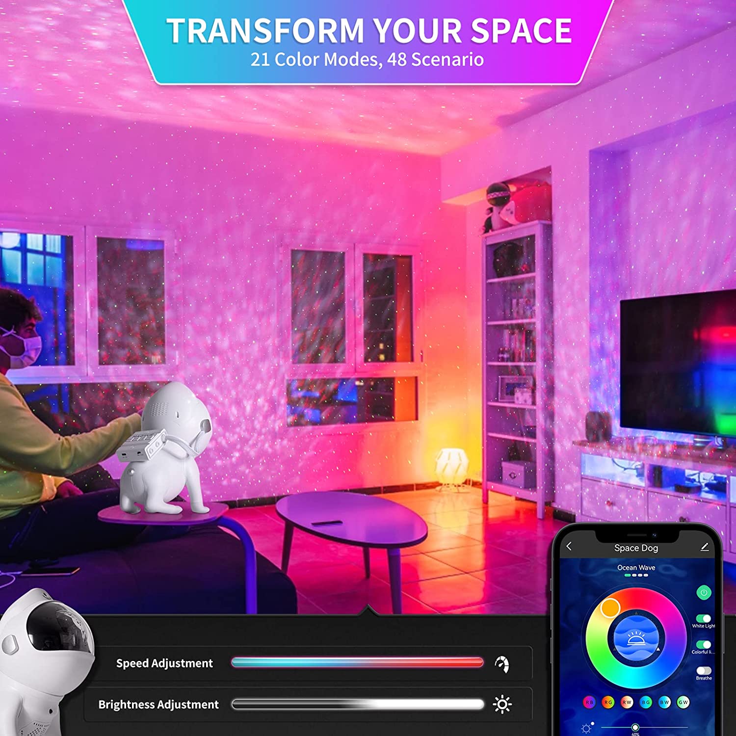 Smart App Space Dog Projector Star Projector Galaxy Night Light LED Starry Sky Nebula Atmosphere Lamp with Bluetooth Speaker