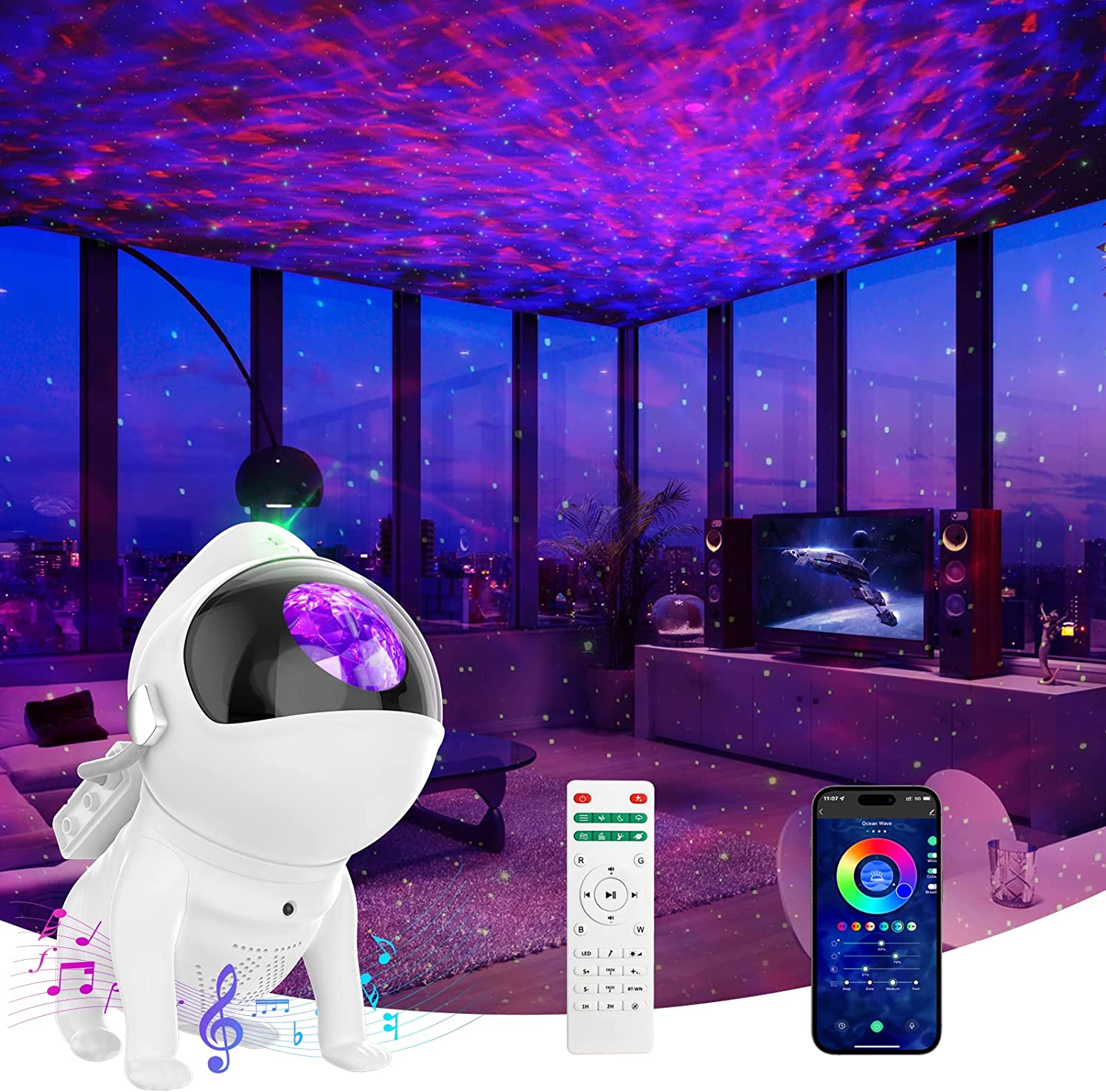 Smart App Space Dog Projector Star Projector Galaxy Night Light LED Starry Sky Nebula Atmosphere Lamp with Bluetooth Speaker
