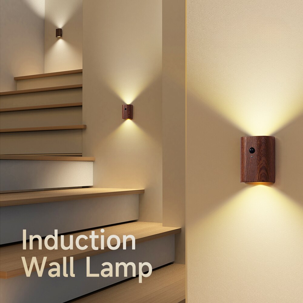 Linkage induction LED Night Lights USB Rechargeable Wooden Motion Sensor Lighting Bedroom Kitchen Cabinet Corridor Wall Lamp
