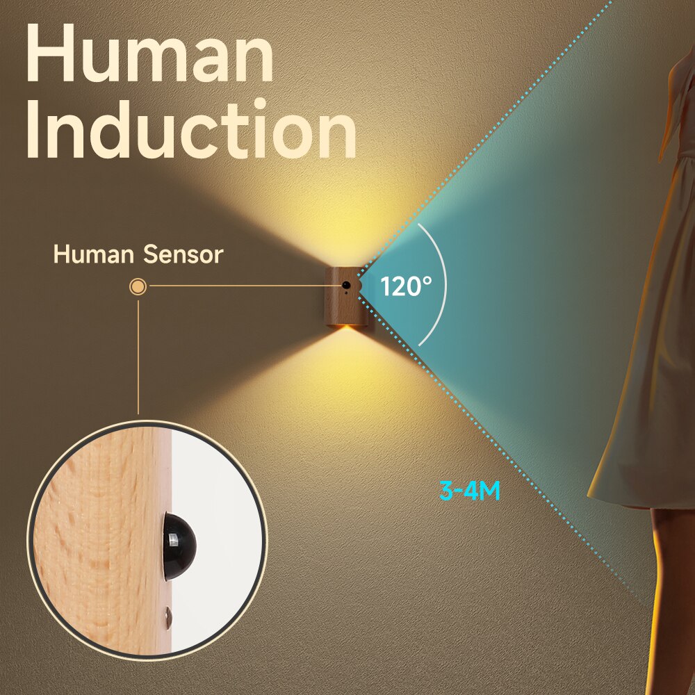 Linkage induction LED Night Lights USB Rechargeable Wooden Motion Sensor Lighting Bedroom Kitchen Cabinet Corridor Wall Lamp