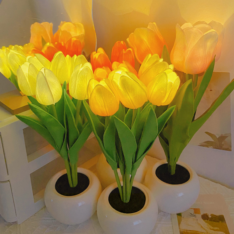 LED Tulip Night Light Simulation Flower Table Lamp Home Decoration Atmosphere Lamp Romantic Potted Gift for Office/Room/Bar/Cafe