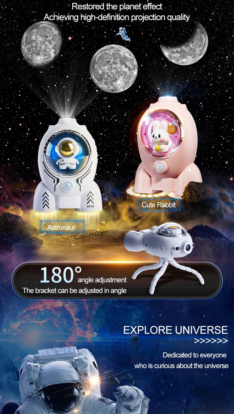 Astronuat Galaxy Starry Projector Induction Night Light 360&deg; Rotation Star Spaceship Projector Night Lamp Kids Room Decor Gifts