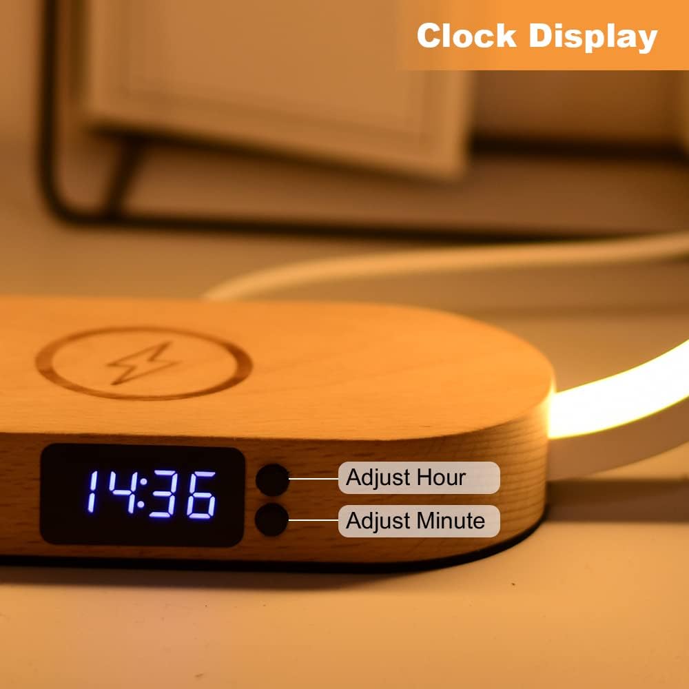 LED Table Lamp with 10W Fast Wireless Charger Touch Control Dimming Bedside Bedroom Lamp Nightstand Lamp Alarm Clock Desk Lamp