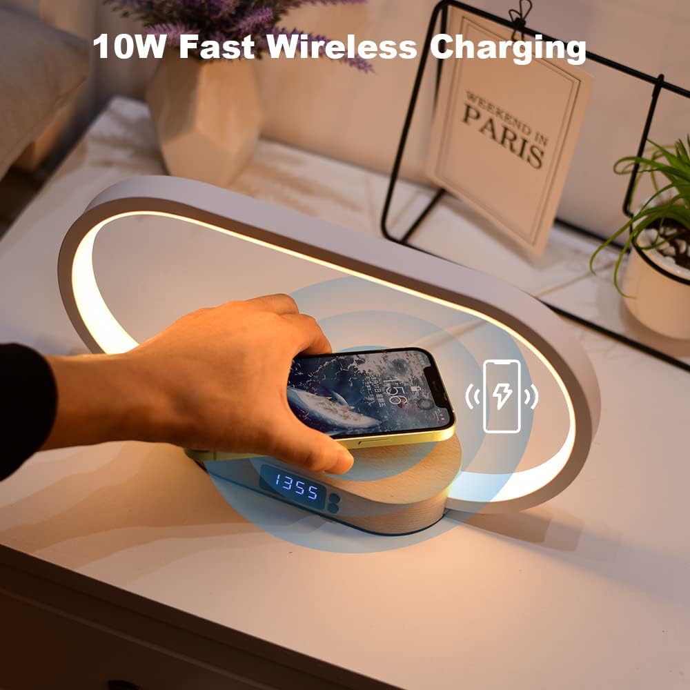 LED Table Lamp with 10W Fast Wireless Charger Touch Control Dimming Bedside Bedroom Lamp Nightstand Lamp Alarm Clock Desk Lamp