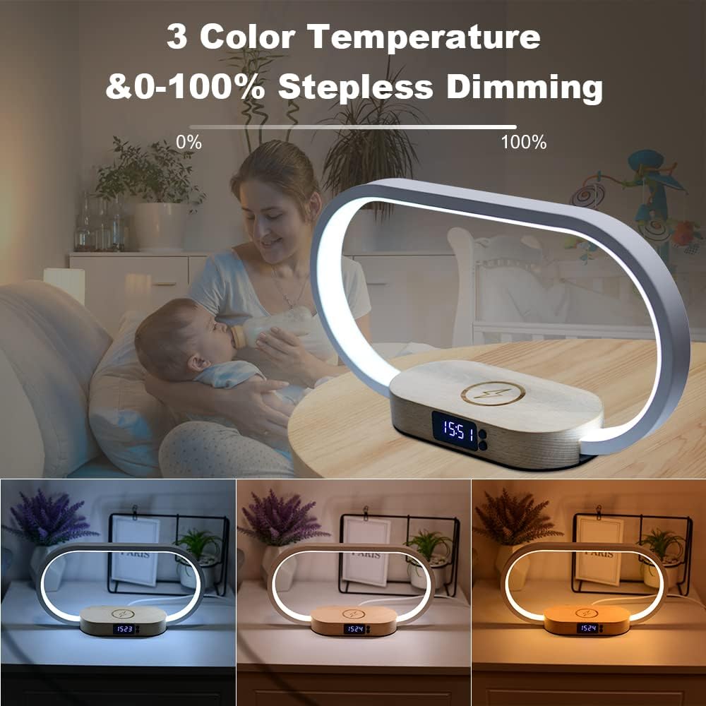 LED Table Lamp with 10W Fast Wireless Charger Touch Control Dimming Bedside Bedroom Lamp Nightstand Lamp Alarm Clock Desk Lamp