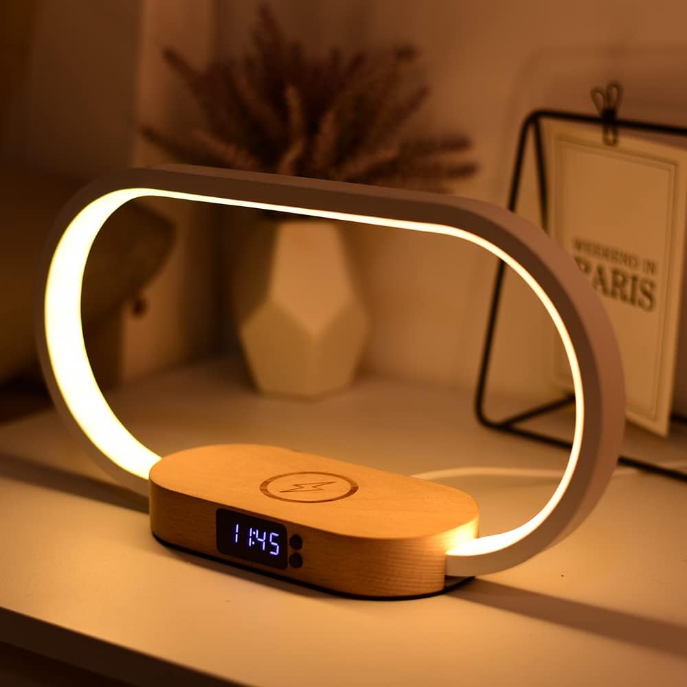 LED Table Lamp with 10W Fast Wireless Charger Touch Control Dimming Bedside Bedroom Lamp Nightstand Lamp Alarm Clock Desk Lamp