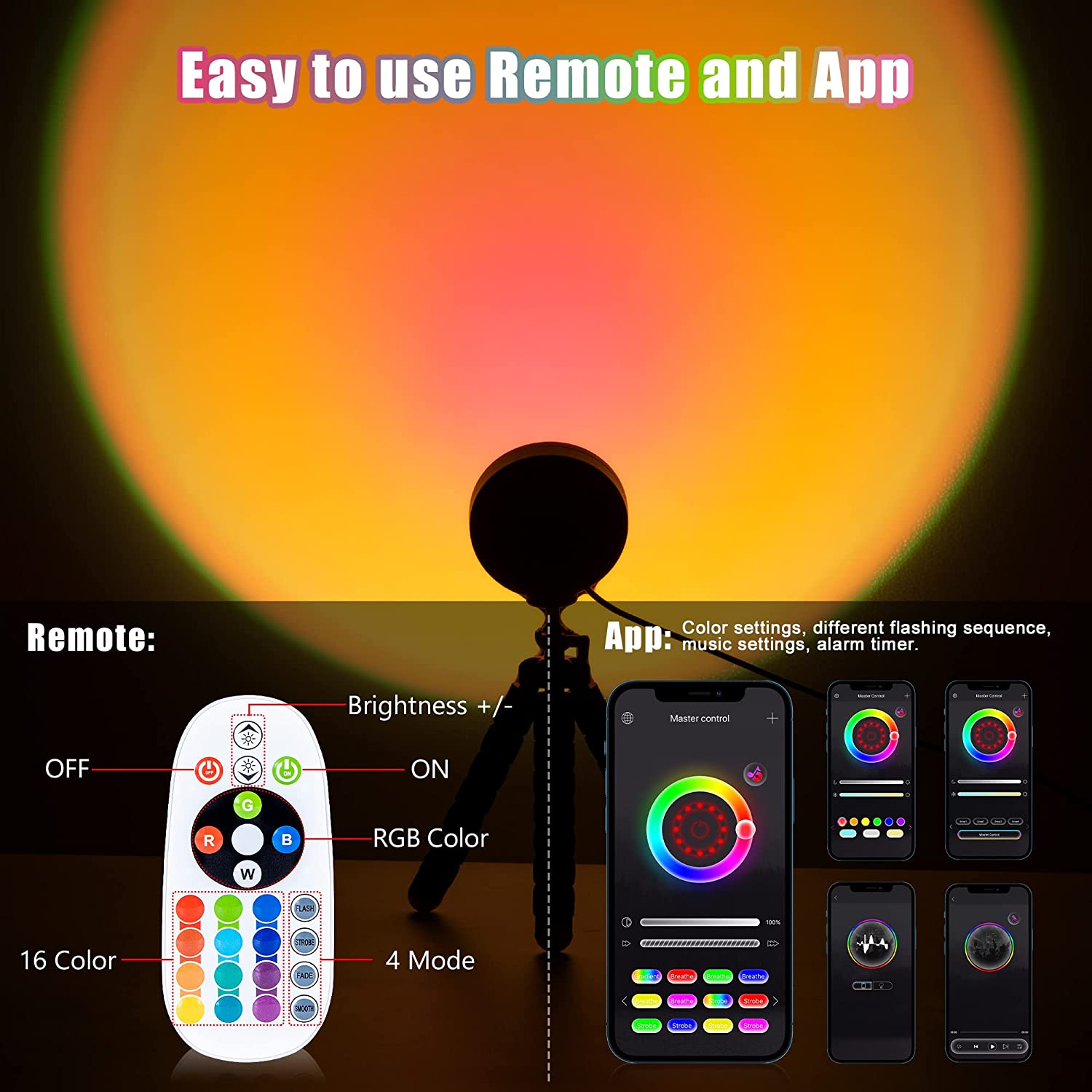 Smart Bluetooth Sunset Night Light Tripod Rainbow Projector Lamp for Home Background Wall Decoration Photography Atmosphere Lamp