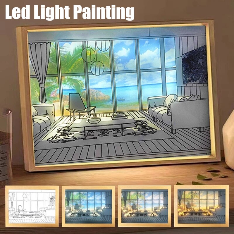 2023 INS Led Night Light Painting USB Plug Dimming Wall Artwork Table Lamp Gift Sunlight Window Wooden Photo Night Lamp Luminous