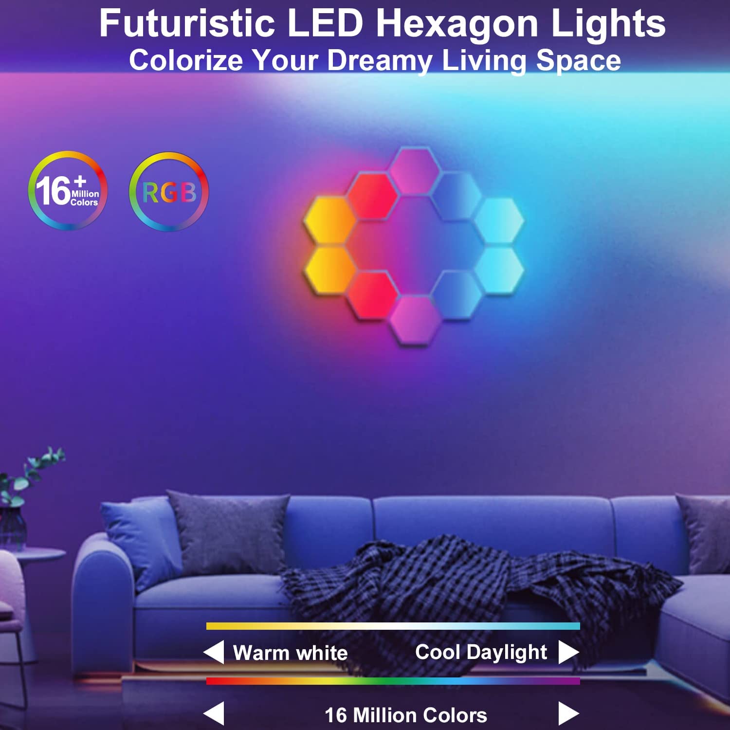 Smart Bluetooth APP RGB LED Hexagon Wall Lights Music Sync Voice Control Night Light for Gaming Lamp Living Room Bedroom Decor